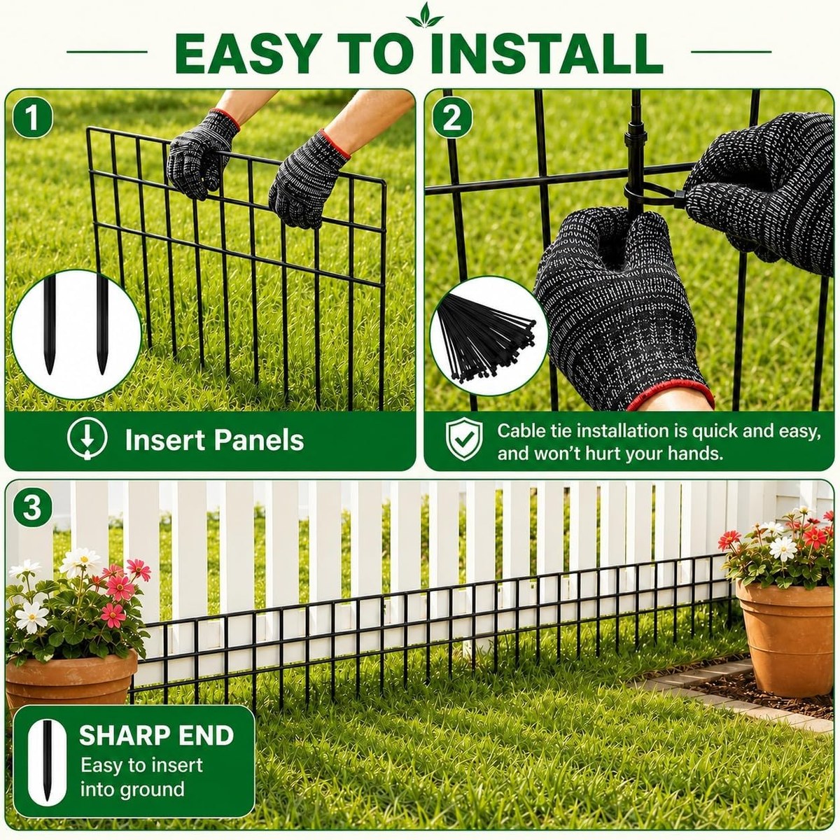 Three-step installation: insert panels into the ground, join with cable ties, sharp ends for easy insertion