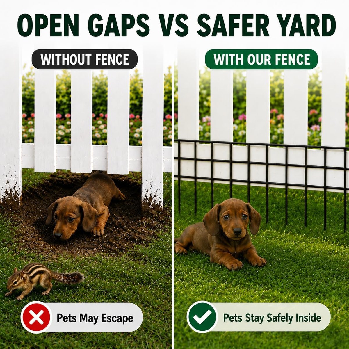 Before and after: open fence gap where pets may escape versus barrier fence keeping pets safely inside