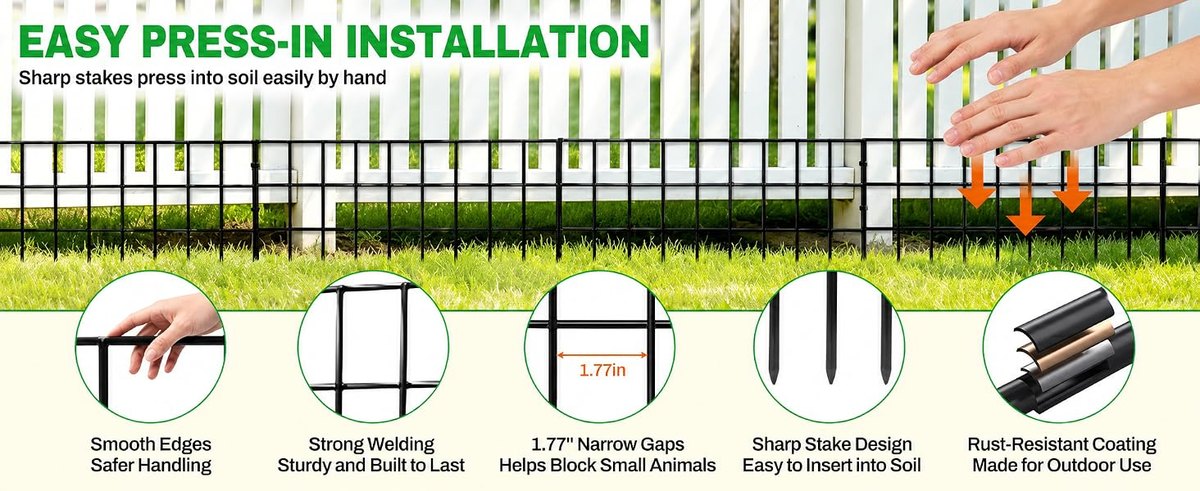 Easy press-in installation feature banner: smooth edges for safer handling, strong welding, 1.77 inch narrow gaps to block small animals, sharp stake design, rust-resistant coating