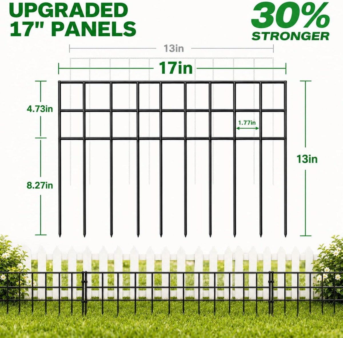 Upgraded 17 inch panels, 30 percent stronger: panel 17 in wide and 13 in tall, with 4.73 in upper grid and 8.27 in ground stakes, 1.77 in gaps