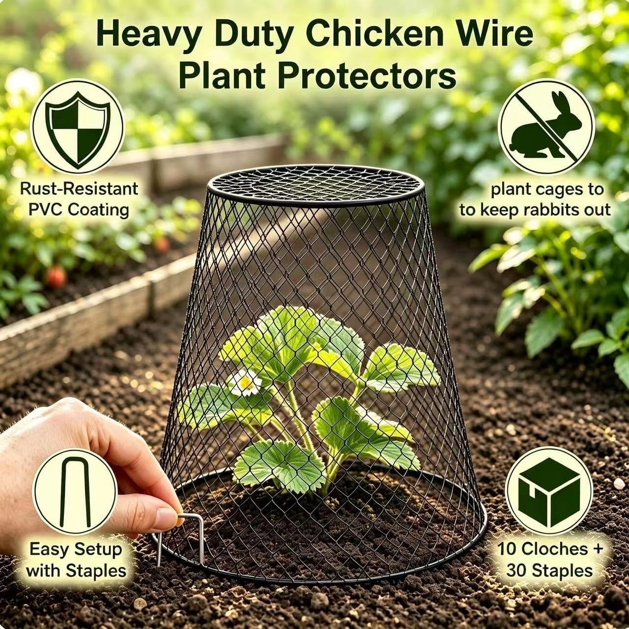 Heavy-duty chicken wire plant protector: rust-resistant PVC coating, easy setup with stakes