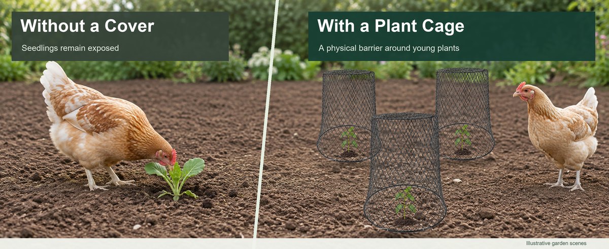 Before and after: without a cover, seedlings are exposed to chickens; with a plant cage, a physical barrier protects young plants