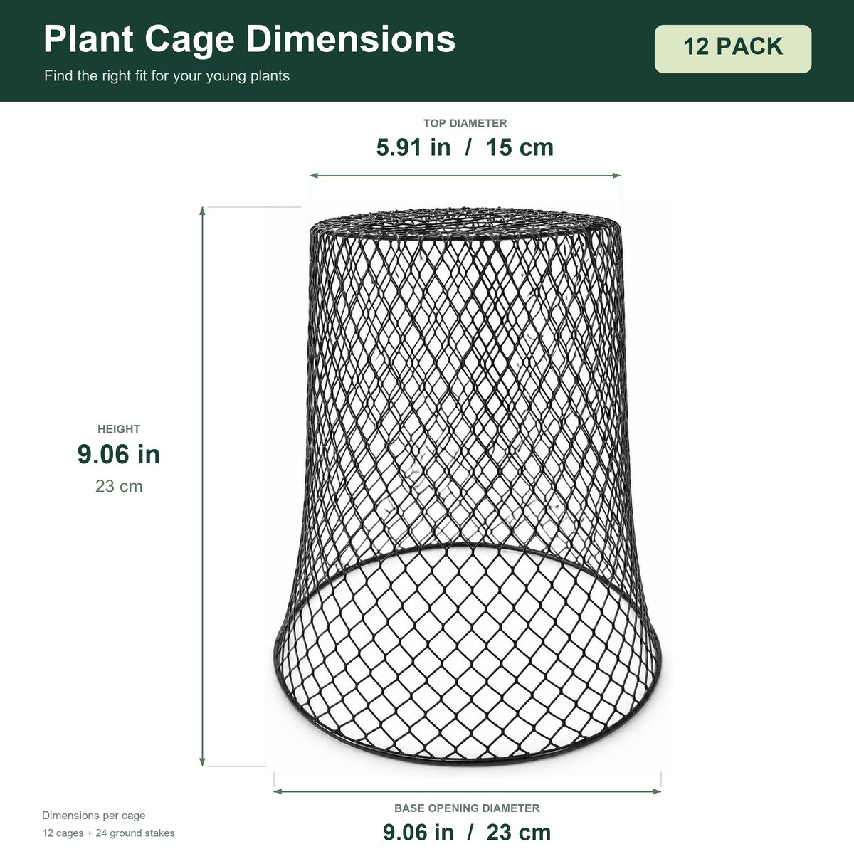 Plant cage dimensions: 5.91 in / 15 cm top diameter, 9.06 in / 23 cm height, 9.06 in / 23 cm base opening, 12-pack
