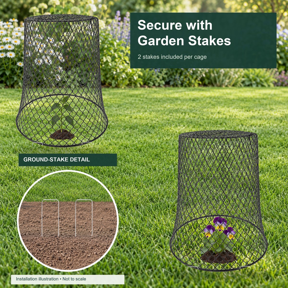 Secure with garden stakes &mdash; 2 stakes included per cage, ground-stake detail
