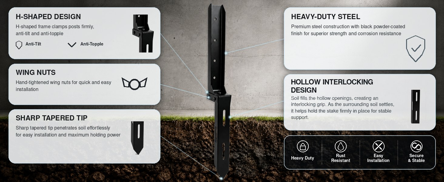 Feature details: H-shaped design, wing nuts, sharp tapered tip, heavy-duty steel, hollow interlocking design