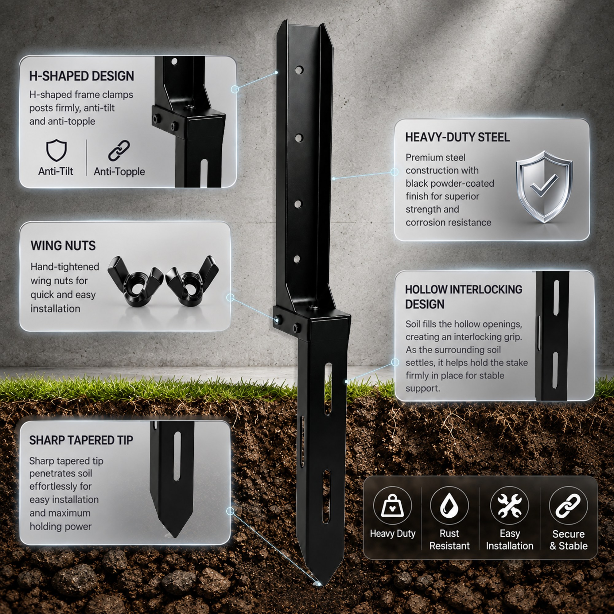 H-shaped design, wing nuts, tapered tip, and heavy-duty steel details