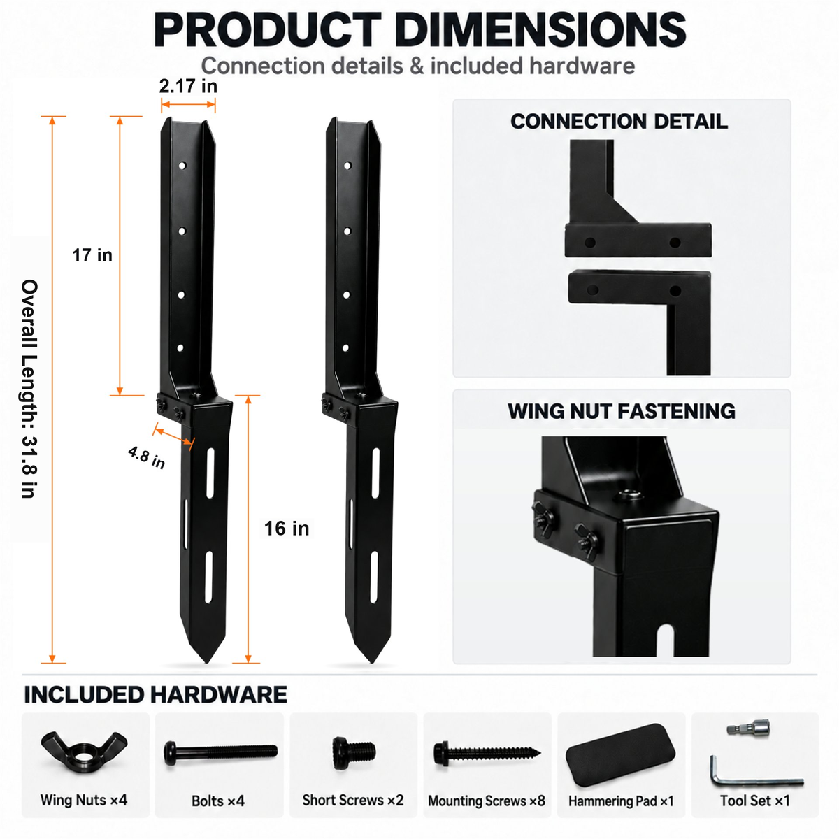 Product dimensions: 31.8 in overall length, 17 in above-ground clamp, 16 in ground stake, 2.17 in width, with connection detail and included hardware