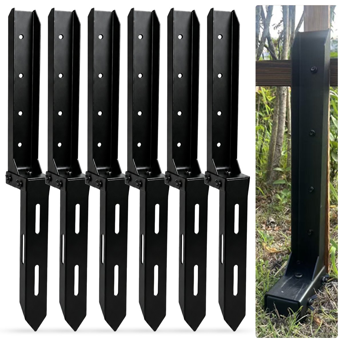 Six fence post repair brackets with one installed on a wood post