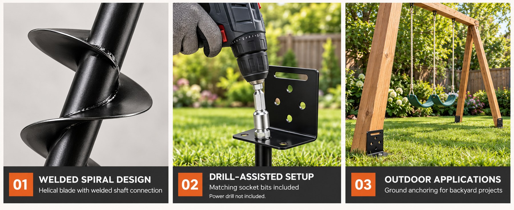 Welded spiral blade, drill-assisted setup with included socket bits, and outdoor applications