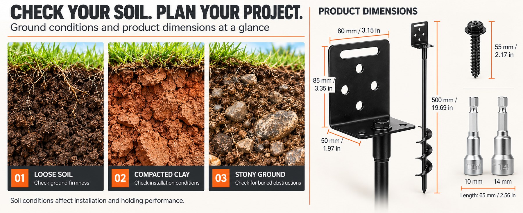 Check your soil before installing: loose soil, compacted clay, and stony ground