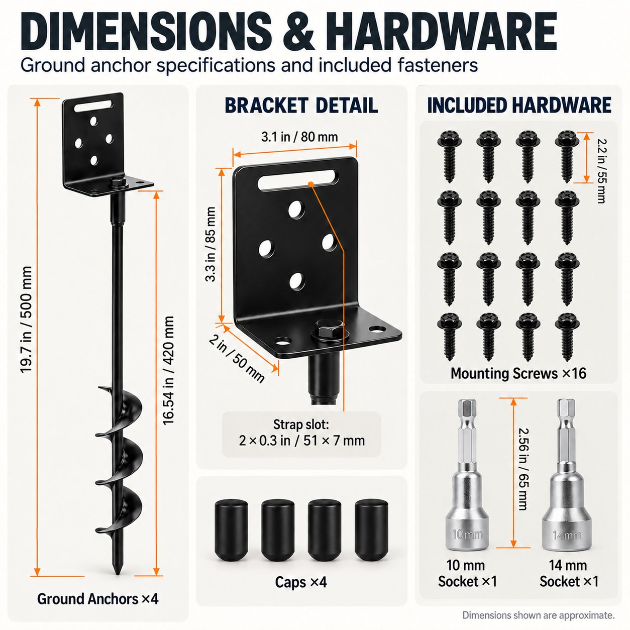 Side head ground anchor dimensions and hardware: 19.7 in overall, bracket detail, 16 mounting screws, sockets, and caps