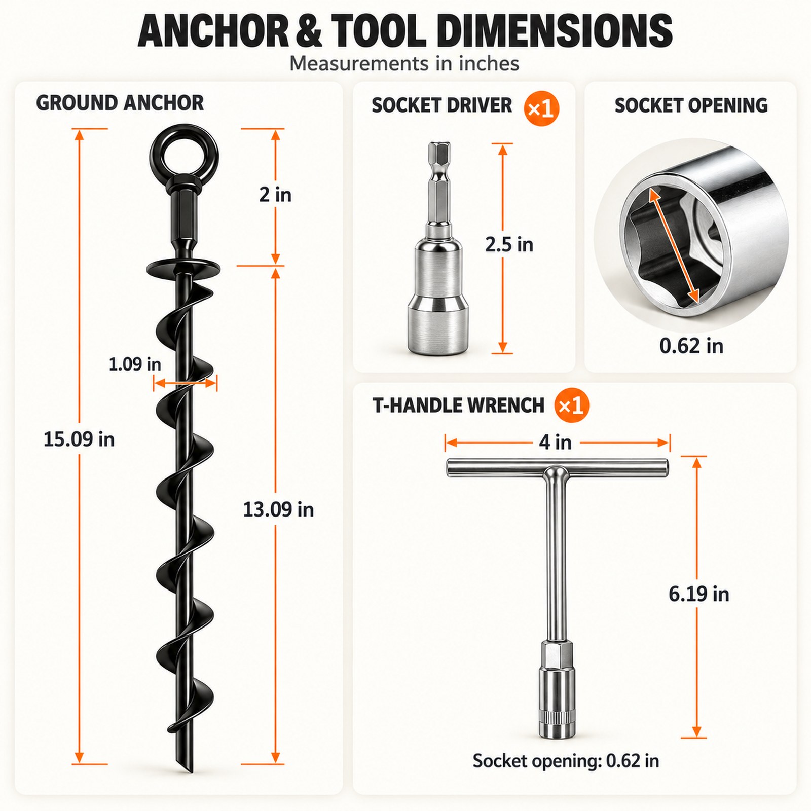 Round head ground anchor and tool dimensions: 15.09 in anchor with 2 in eye loop, T-handle wrench, and socket driver