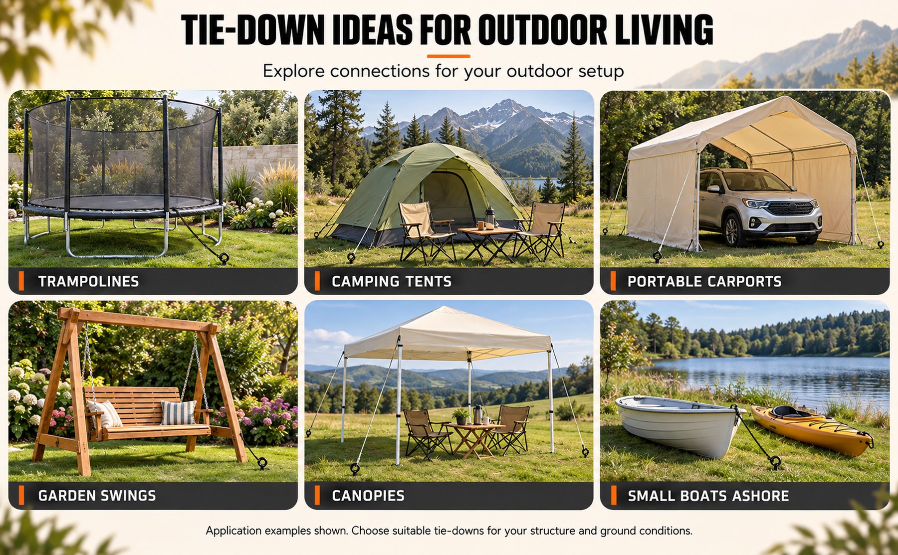 Tie-down ideas for outdoor living: trampolines, camping tents, portable carports, garden swings, canopies, and small boats ashore