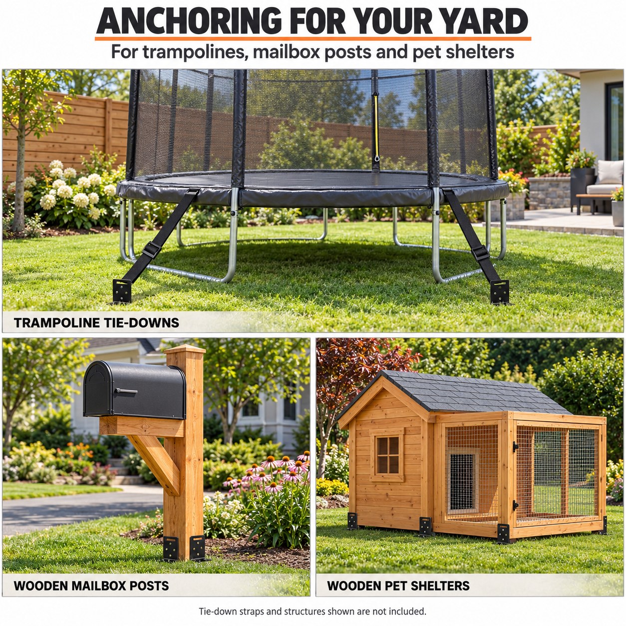 Anchoring for your yard: trampoline tie-downs, wooden mailbox posts, and wooden pet shelters