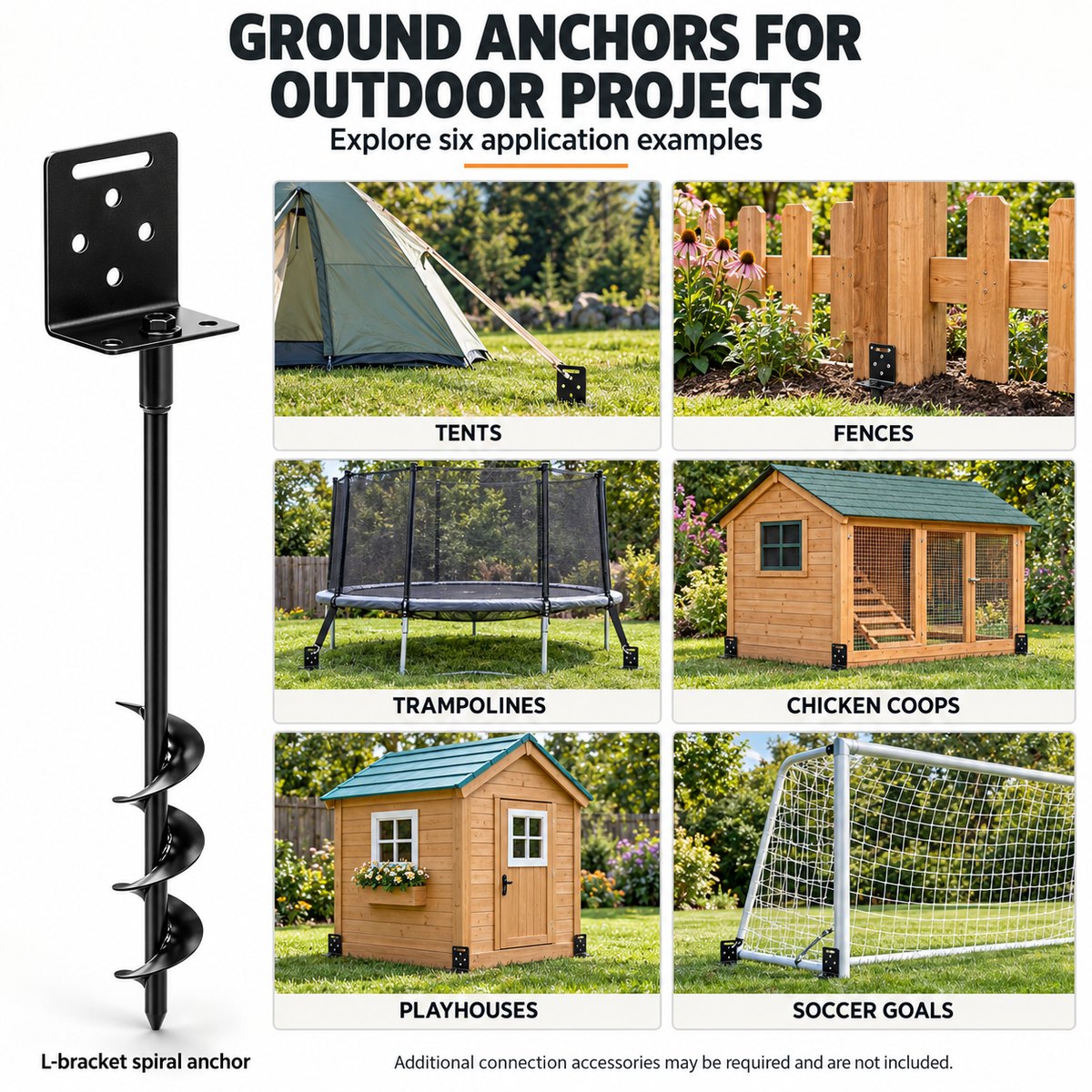 L-bracket anchor applications: tents, fences, trampolines, chicken coops, playhouses, and soccer goals