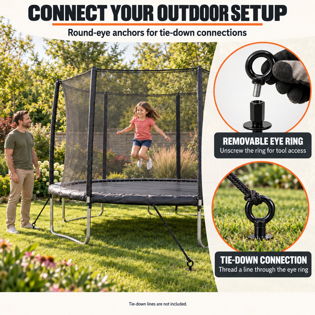 Round-eye anchors anchoring a backyard trampoline with removable eye ring and tie-down connection