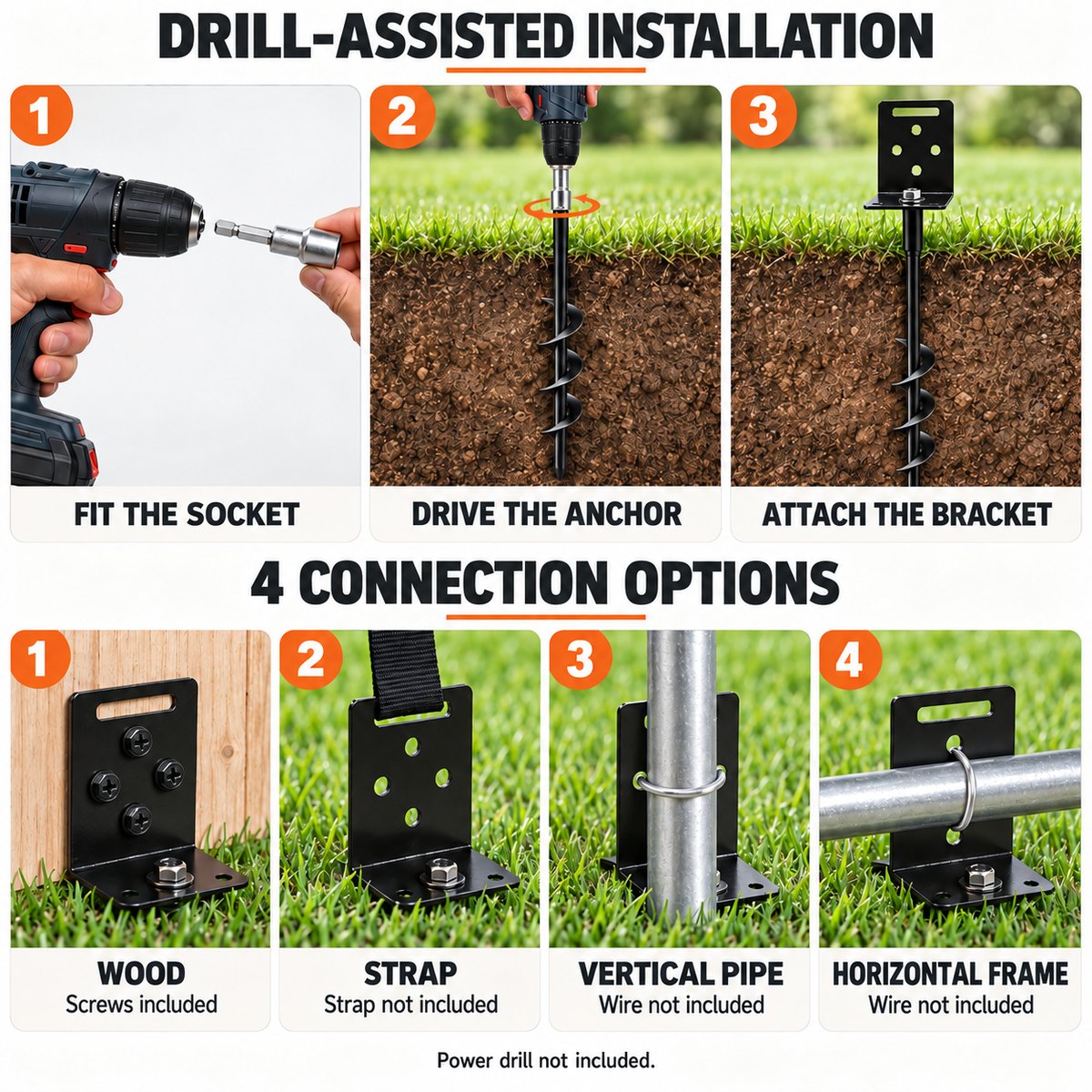Drill-assisted installation in three steps and four connection options: wood, strap, vertical pipe, and horizontal frame