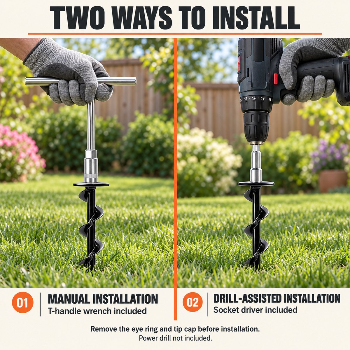 Two ways to install: manual with the included T-handle wrench or drill-assisted with the included socket driver