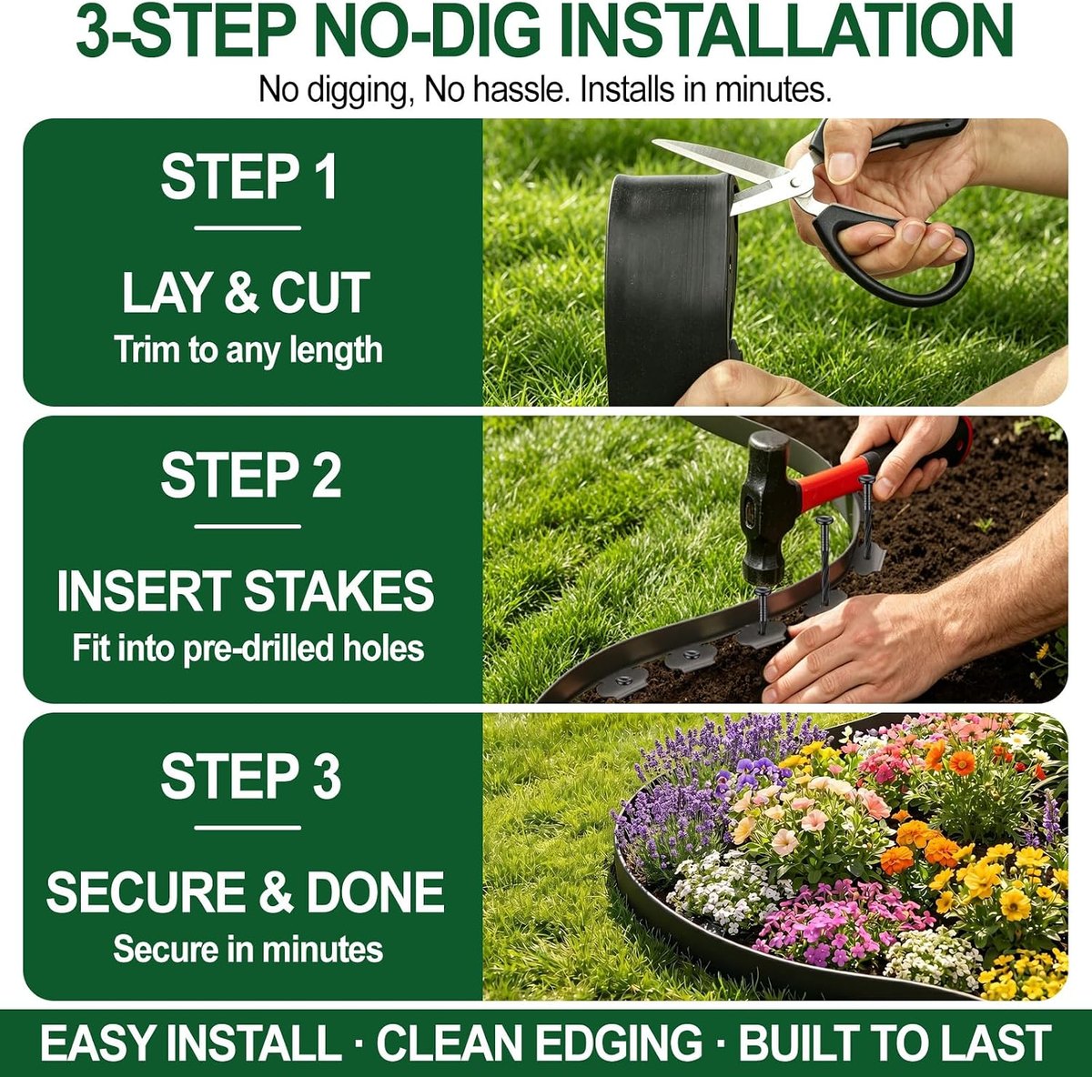 Three-step no-dig installation: lay and cut the roll to length, insert spikes into pre-drilled holes, secure and done