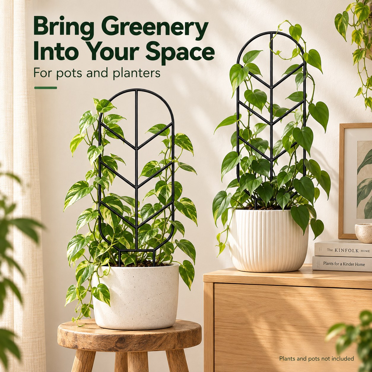 Two obelisk trellises with climbing greenery for pots and planters
