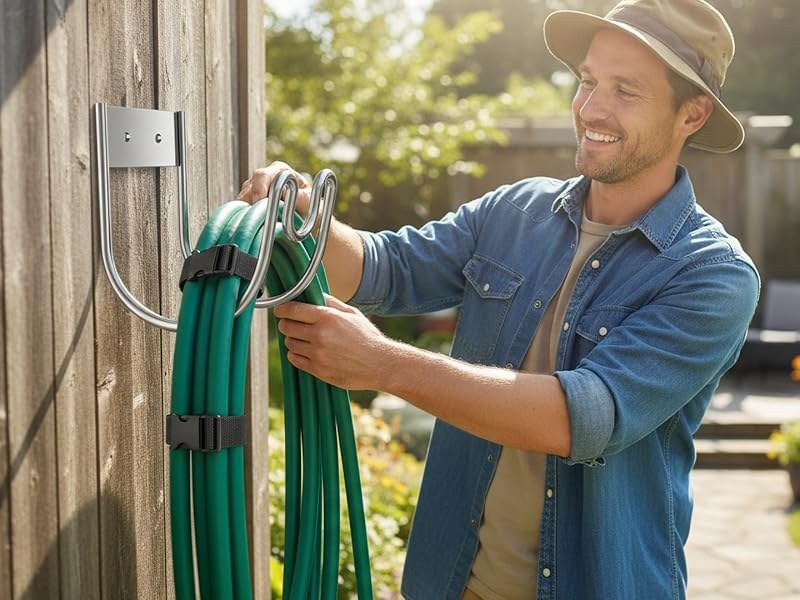 Hose holder mounted on a wooden fence holding a coiled green garden hose