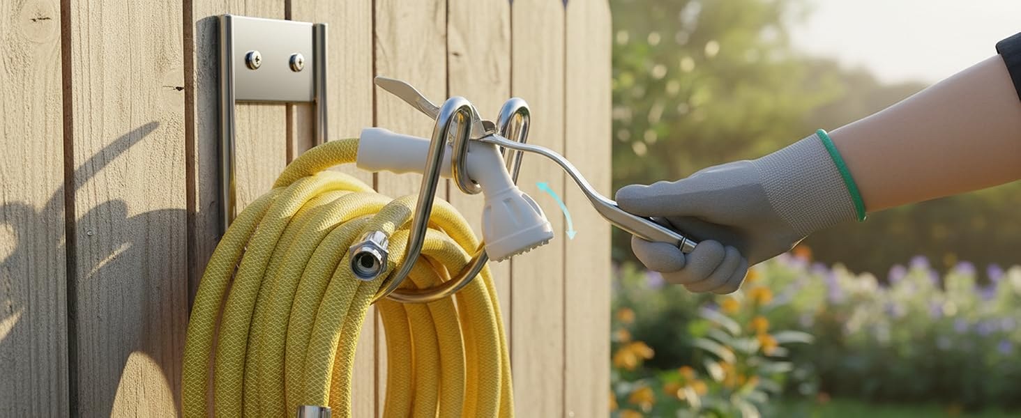 Reaching for the spray nozzle on a hose stored on the wall-mounted holder