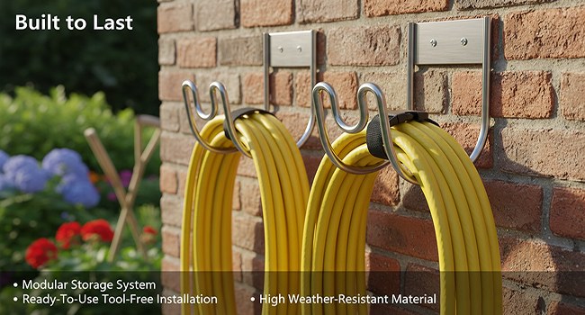 Two stainless hose holders on a brick wall holding yellow garden hoses, built to last