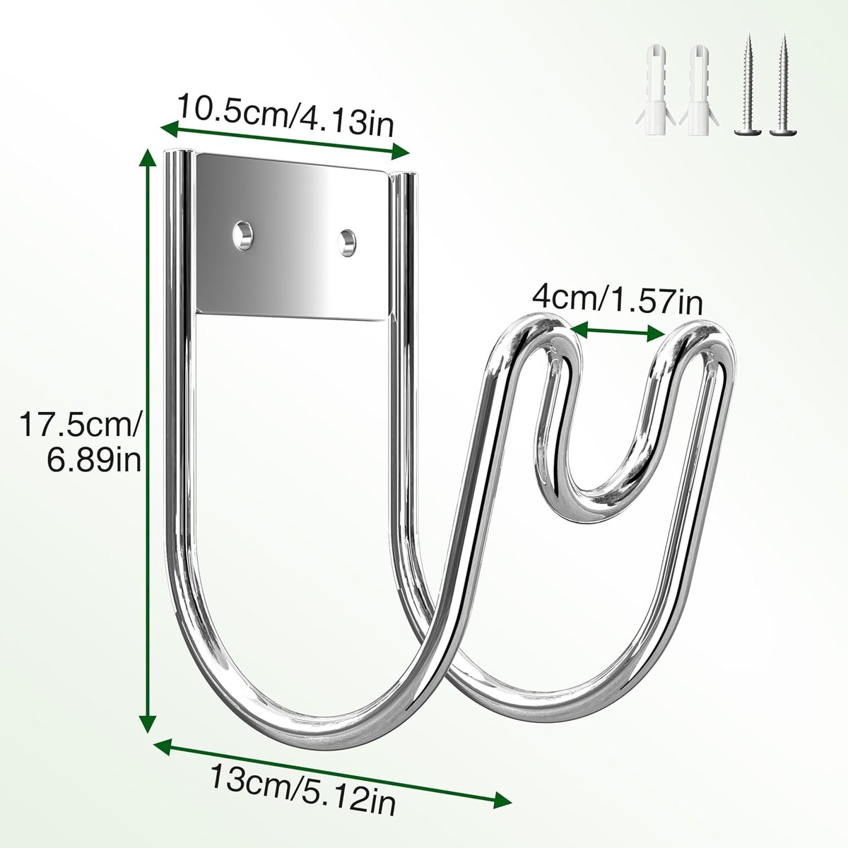 Stainless hose holder dimensions: 17.5 cm tall, 10.5 cm wide plate, 4 cm hook spacing, 13 cm bottom width, with screws and wall anchors