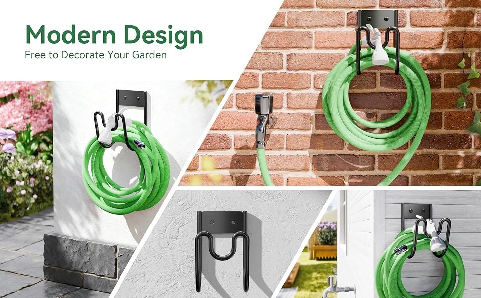 Black alloy steel hose holder on brick and siding walls holding a coiled green garden hose, modern design