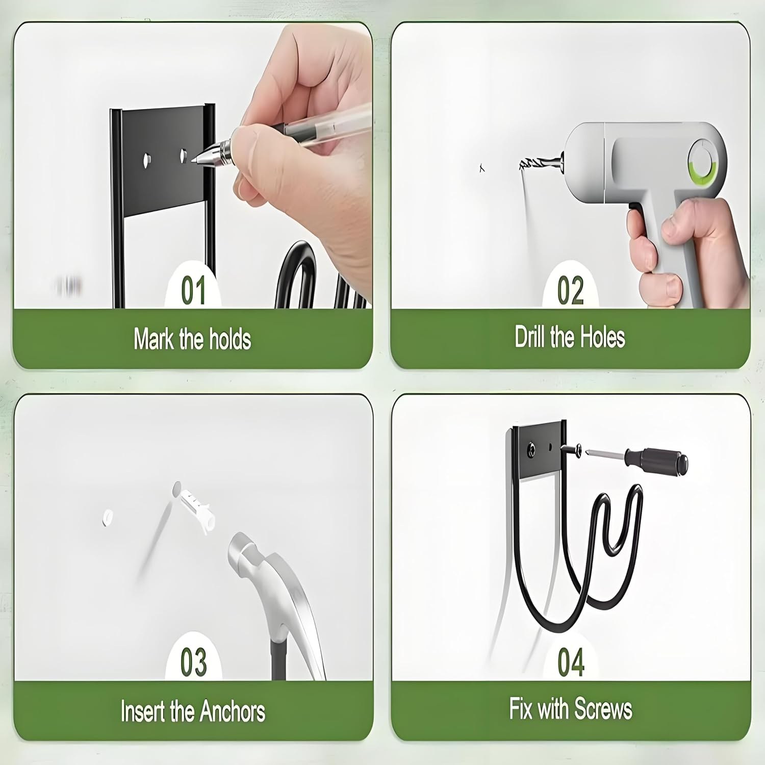 Four-step installation guide: mark the holes, drill, insert the anchors, fix with screws