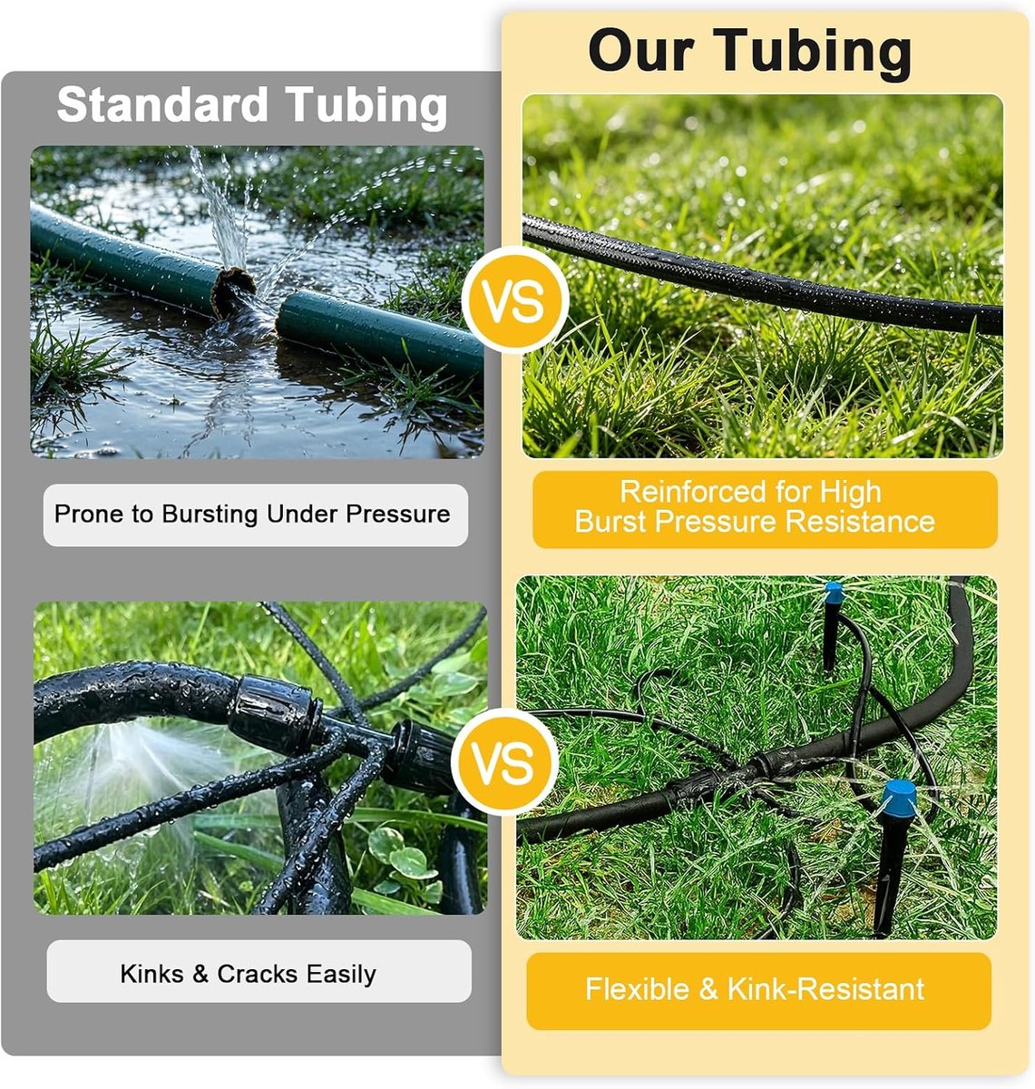 Our tubing versus standard tubing: reinforced for high burst pressure, flexible and kink-resistant