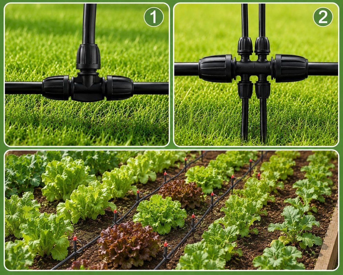 Barbed fittings connecting the main line with drippers watering a lettuce bed